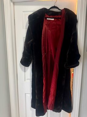 Black Faux Fur Cape Coat with Red Satin Lining